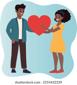 Couple holding big heart as a gift. Boy and girl holding heart. Valentine's day. Vector illustration