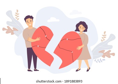 The couple is holding broken halves of the heart. Man and woman reunite, gluing together into a single large cracked red heart against. Vector. Concept of love, restoration of relationships and family