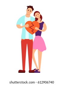 Couple holding a broken heart on a white background. Vector illustration 