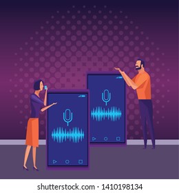 couple holding a cellphone with microphone picture and sound signal with pop art background vector illustration graphic design
