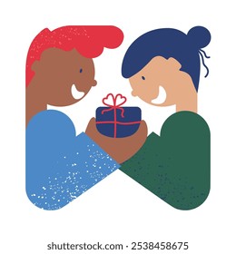 Couple is holding a Christmas present. Festive Xmas or winter greeting card. Hand drawn vector illustration.