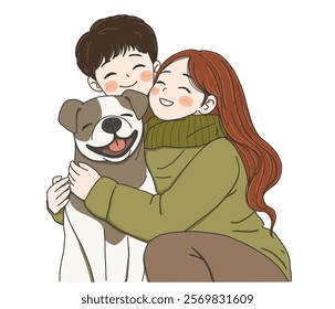 Couple holding a dog with love.A Romantic Gesture for International Hug Day vector illustration on white background