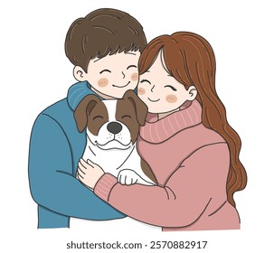 Couple holding a dog with love.A Romantic Gesture for International Hug Day vector illustration on white background