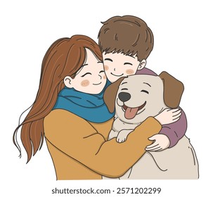 Couple holding a dog with love.A Romantic Gesture for International Hug Day vector illustration on white background