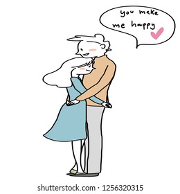 Couple holding each other. Cute couple hugging each other. Man said you make me happy to his lovely woman while hugging and caressing her. Woman hugging man, nuzzling her face against her man's chest.