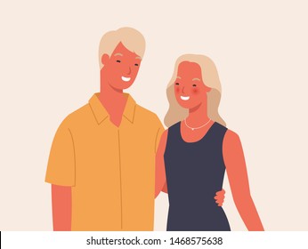 Couple holding each other. Cute couple hugging each other.  Happy couple in love. Vector illustration in a flat style