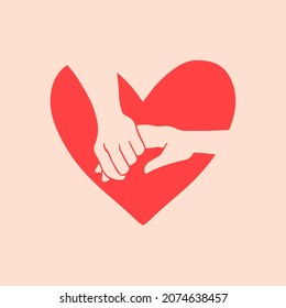 Couple Holding Each Other Hand in the Middle of Red Heart Shape Logo Symbol Icon Design. Flat Vector Valentine Illustration.