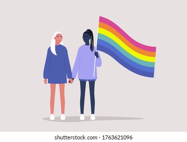 A  couple holding each other's hands and waving a rainbow flag, Pride month, LGBTQ community, human rights