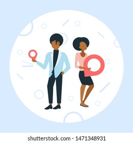 couple holding geo pin tag pointer african american man woman with location marker gps navigation business position concept flat full length