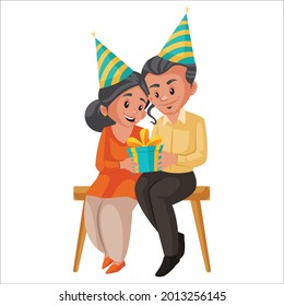 Couple is holding a gift box in hand. Vector graphic illustration. Individually on a white background.	