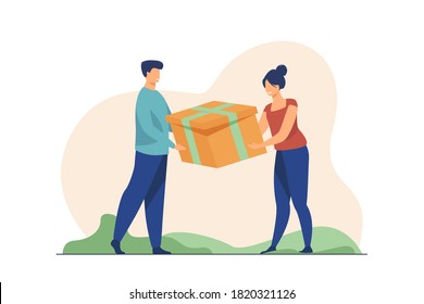 Couple holding gift. Man and woman competing for present, pulling box flat vector illustration. Conflict, competition, relationship concept for banner, website design or landing web page