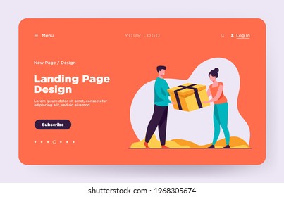 Couple holding gift. Man and woman competing for present, pulling box flat vector illustration. Conflict, competition, relationship concept for banner, website design or landing web page