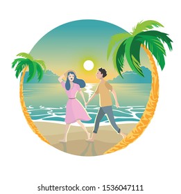 couple holding hand at beach with sunset background. suitable for travelling book, webpage etc 