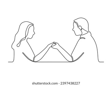 Pareja sostenida, comunicación feliz en relación, dibujo continuo de una línea. El hombre y la mujer aman. Familia en armonía. Ilustración del contorno del vector