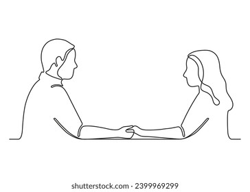 Pareja sostenida, comunicación feliz en relación, dibujo continuo de una línea. El hombre y la mujer aman. Familia en armonía. Ilustración del contorno del vector