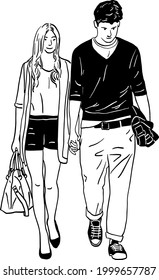 A Couple Holding Hand Man Woman Walking Together Hand Drawn Line Art Illustration