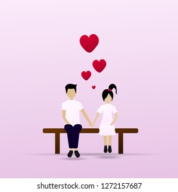 couple is holding hand sitting on  wooden bench, Valentine's Day, love concept