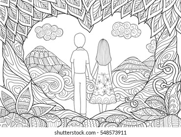 A couple holding hand spending good time together on the beach with two trees bending into hearted shape for card design and adult coloring book pages. Happy Valentine's day