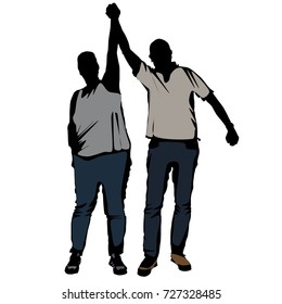 Couple holding hand together high