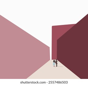 Couple holding hand walking on city street. Dating, Shopping and relax on holiday or vacation. Minimal design.