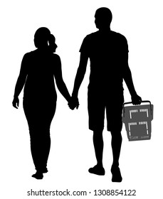 Couple holding hand and walking in shopping market vector silhouette illustration. People with consumer basket buy food and another goods. Happy family grocery shopping in supermarket. Man and woman.