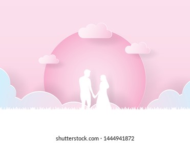 Couple holding hand walking together under the moon, Paper art, Paper cut, Craft vector, design