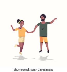 couple holding hands african american man woman jumping having fun white background male female cartoon characters full length flat