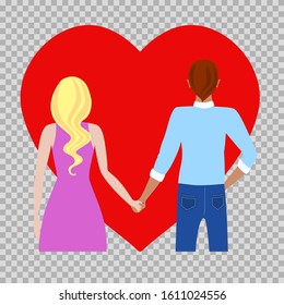 Couple holding hands boy and girl standing back with a red heart background. Love relationship date romantic walk together.Two flat half-body color characters. Stock vector illustration isolated.