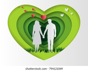 Couple holding hands with carved heart background, paper art style, flat-style vector illustration.