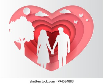 Couple holding hands with carved heart background, paper art style, flat-style vector illustration.
