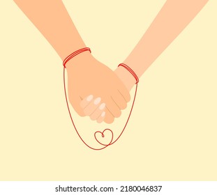 The couple is holding hands, connected by the red thread of fate. Vector illustration 