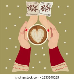 Couple holding hands with a cup of coffee. Winter and autumn cozy concept with cappuccino in big mug. Hot coffee break, cup mug. Top view vector illustration. Christmas theme.