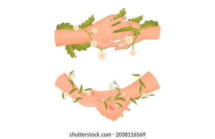 Couple holding hands decorated with flowers set vector illustration