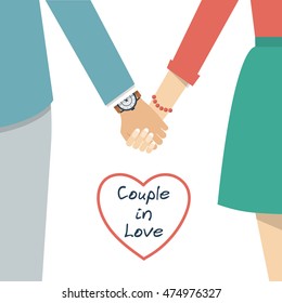 Couple holding hands. Female and male hands together. Couple in love. Vector illustration flat design.