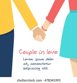 Couple holding hands. Female and male hands together. Couple in love. Vector illustration flat design.