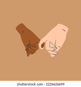 Couple holding hands flat line drawing. Happiness concept. Mixed race relationships. Romantic date concept illustration. Simple vector art for Saint Valentine's day card, banner, poster flyer.
