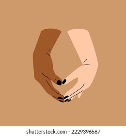 Couple holding hands flat line drawing. Happiness concept. Mixed race relationships. Romantic date concept illustration. Simple vector art for Saint Valentine's day card, banner, poster flyer.