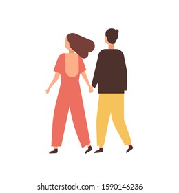 Couple holding hands flat vector illustration. Young people dating cartoon characters. Loving pair romantic relationship. Boyfriend walking with girlfriend. Happy sweethearts on stroll back view.