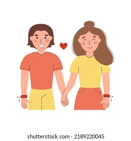 Couple holding hands in friendship bracelets vector flat illustration. International Friendship Day banner design. Happy boy and girl isolated on white background. DIY wristband for friends