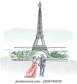 Pareja tomándose de la mano frente a la Torre Eiffel en París. ilustración vectorial, amantes del día de San Valentín