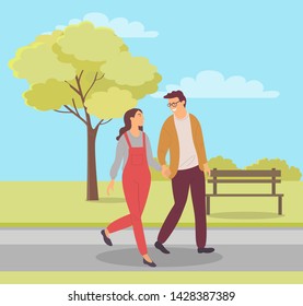 Couple holding hands and going together in park, young people walking outdoor, portrait view of male and female in casual clothes, leisure vector
