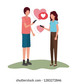 couple holding hands with hearts character