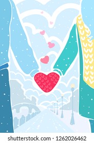 Couple holding hands. Heart-shaped mitten. An urban scene on the background. Romantic wintertime walk. Vector cartoon flat style illustration.