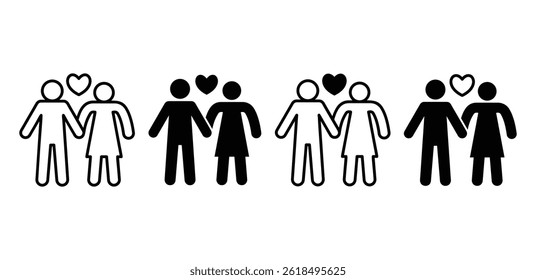 Couple Holding Hands Icons Set, Love and Relationship Symbol Black and White Color Vector Design