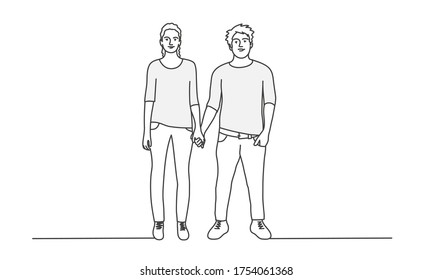Couple holding hands. Line drawing vector illustration.
