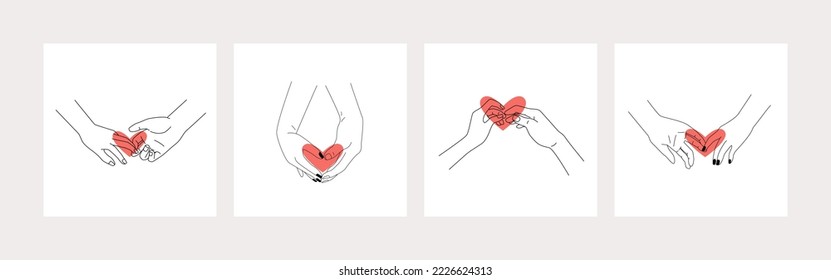 Couple holding hands line drawing set. Happiness concept. Romantic date concept illustration. Continuous vector single line art for Saint Valentine's day card, banner, poster flyer.