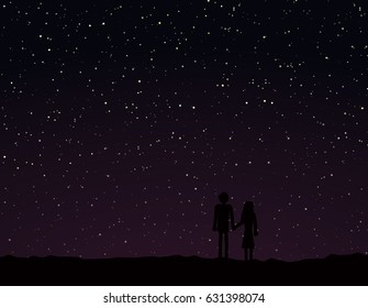 Couple holding hands looking out at the stars