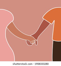 The couple holding in hands. Couple in love, male and female hands together. Vector illustration in flat cartoon design. 