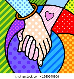 couple holding hands love pop art modern illustration for your design. Vector illustration of two persons are holding hands with each other. 