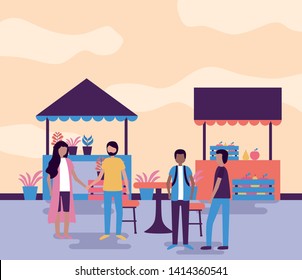 couple holding hands and men talking street activities outdoors vector illustration